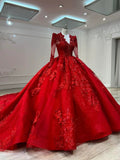 Dreamy Ball Gown V Neckline Red Long Sleeves Lace Long Wedding Dresses With Beads HZ1024