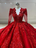 Dreamy Ball Gown V Neckline Red Long Sleeves Lace Long Wedding Dresses With Beads HZ1024