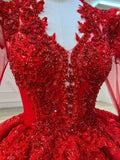 Dreamy Ball Gown V Neckline Red Long Sleeves Lace Long Wedding Dresses With Beads HZ1024