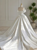 Simple Ball Gown Off The Shoulder White Long Lace Wedding Dresses With Beads HZ1024