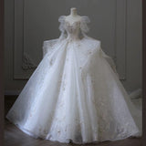 Dreamy Ball Gown Sweetheart Long Sleeves White Lace Wedding Dresses With Beads HZ1024