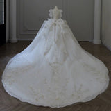 Dreamy Ball Gown Sweetheart Long Sleeves White Lace Wedding Dresses With Beads HZ1024