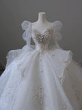 Dreamy Ball Gown Sweetheart Long Sleeves White Lace Wedding Dresses With Beads HZ1024