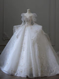 Dreamy Ball Gown Sweetheart Long Sleeves White Lace Wedding Dresses With Beads HZ1024