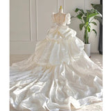 Dreamy Ball Gown High Neckline Short Sleeves White Lace Wedding Dresses With Beads HZ1024