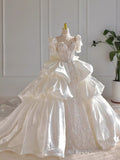Dreamy Ball Gown High Neckline Short Sleeves White Lace Wedding Dresses With Beads HZ1024