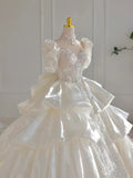 Dreamy Ball Gown High Neckline Short Sleeves White Lace Wedding Dresses With Beads HZ1024