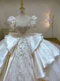 Dreamy Ball Gown Sweetheart Short Puffy Sleeves White Lace Wedding Dresses With Beads HZ1024