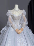 Dreamy Ball Gown Sweetheart Long Puffy Sleeves Lace Wedding Dresses With Beads HZ1024