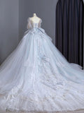 Dreamy Ball Gown Sweetheart Long Puffy Sleeves Lace Wedding Dresses With Beads HZ1024