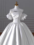 Timeless Ball Gown Sweetheart Long Puffy Sleeves Satin Wedding Dresses With Flowers HZ1024