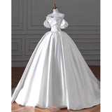 Timeless Ball Gown Sweetheart Long Puffy Sleeves Satin Wedding Dresses With Flowers HZ1024
