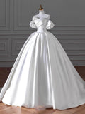 Timeless Ball Gown Sweetheart Long Puffy Sleeves Satin Wedding Dresses With Flowers HZ1024