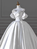 Timeless Ball Gown Sweetheart Long Puffy Sleeves Satin Wedding Dresses With Flowers HZ1024