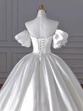 Timeless Ball Gown Sweetheart Long Puffy Sleeves Satin Wedding Dresses With Flowers HZ1024