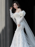 Luxury Mermaid Off The Shoulder Neckline Long Sleeves Lace White Wedding Dress HZ1024