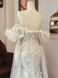 Luxury Mermaid Off The Shoulder Neckline Long Sleeves Lace White Wedding Dress HZ1024