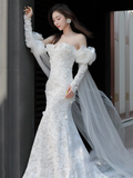 Luxury Mermaid Off The Shoulder Neckline Long Sleeves Lace White Wedding Dress HZ1024