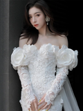 Luxury Mermaid Off The Shoulder Neckline Long Sleeves Lace White Wedding Dress HZ1024