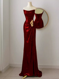 Simple Mermaid Strapless Red Sequin Long Prom Dresses HZ1024