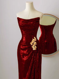 Simple Mermaid Strapless Red Sequin Long Prom Dresses HZ1024