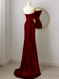 Simple Mermaid Strapless Red Sequin Long Prom Dresses HZ1024