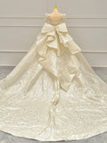 Timeless Ball Gown Sweetheart Long Puffy Sleeves Sequin Wedding Dresses With Bowknot HZ1024