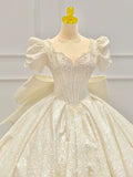 Dreamy Ball Gown Sweetheart Short Sleeves White Lace Wedding Dresses With Beads HZ1024