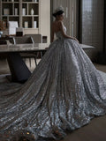 Dreamy Ball Gown Sweetheart Sequin Silver Long Wedding Dresses With Beads HZ1024