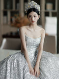 Dreamy Ball Gown Sweetheart Sequin Silver Long Wedding Dresses With Beads HZ1024