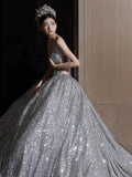 Dreamy Ball Gown Sweetheart Sequin Silver Long Wedding Dresses With Beads HZ1024