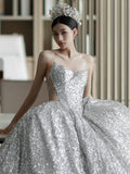 Dreamy Ball Gown Sweetheart Sequin Silver Long Wedding Dresses With Beads HZ1024