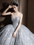 Dreamy Ball Gown Sweetheart Sequin Silver Long Wedding Dresses With Beads HZ1024