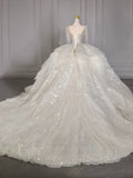 Dreamy Ball Gown Square Neckline Sequin White Long Sleeves Wedding Dresses With Beads HZ1024