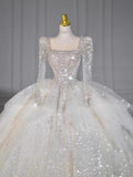 Dreamy Ball Gown Square Neckline Sequin White Long Sleeves Wedding Dresses With Beads HZ1024