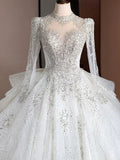 Dreamy Ball Gown High Neckline Sequin White Long Sleeves Wedding Dresses With Beads HZ1024