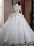 Dreamy Ball Gown High Neckline Sequin White Long Sleeves Wedding Dresses With Beads HZ1024