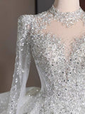 Dreamy Ball Gown High Neckline Sequin White Long Sleeves Wedding Dresses With Beads HZ1024