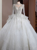 Dreamy Ball Gown High Neckline Sequin White Long Sleeves Wedding Dresses With Beads HZ1024