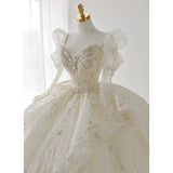 Luxury Ball Gown Sweetheart Sequin White Long Sleeves Wedding Dresses With Beads HZ1024