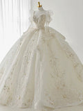 Luxury Ball Gown Sweetheart Sequin White Long Sleeves Wedding Dresses With Beads HZ1024
