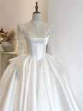 Simple Ball Gown Sweetheart White Long Sleeves Satin Wedding Dresses With Beads HZ1024