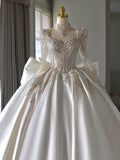 Chic Ball Gown Sweetheart White Long Sleeves Satin Wedding Dresses With Beads Bow HZ1024