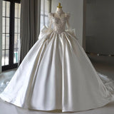 Chic Ball Gown Sweetheart White Long Sleeves Satin Wedding Dresses With Beads Bow HZ1024
