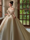 Luxury Ball Gown Off The Shoulder Neckline Short Sleeves Lace Wedding Dress HZ1024