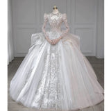 Chic Ball Gown Scoop White Long Sleeves Sequin Wedding Dresses With Beads Buttons HZ1024