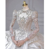 Chic Ball Gown Scoop White Long Sleeves Sequin Wedding Dresses With Beads Buttons HZ1024