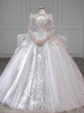 Chic Ball Gown Scoop White Long Sleeves Sequin Wedding Dresses With Beads Buttons HZ1024