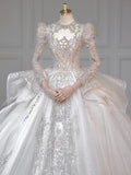 Chic Ball Gown Scoop White Long Sleeves Sequin Wedding Dresses With Beads Buttons HZ1024