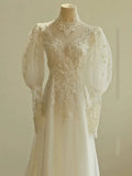 Chic A line Scoop White Long Puffy Sleeves Lace Wedding Dresses With Appliques HZ1024